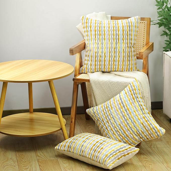 Boho Chenille Striped Pillow Cover 18x18 Inch, Decorative Pillow Cover for Couch Bed Sofa Living Room Bedroom Farmhouse Modern Home Decor Accent Pillowcases Set of 1, Yellow White