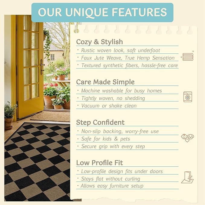 3x4 Checkered Outdoor Rug, Easy Jute Indoor Throw Rug for Entryway, Diamond Farmhouse Front Porch Rug, Boho Washable Non Slip Scandinavian Brown Black Mat for Kitchen, Patio, Bedroom, Backyard