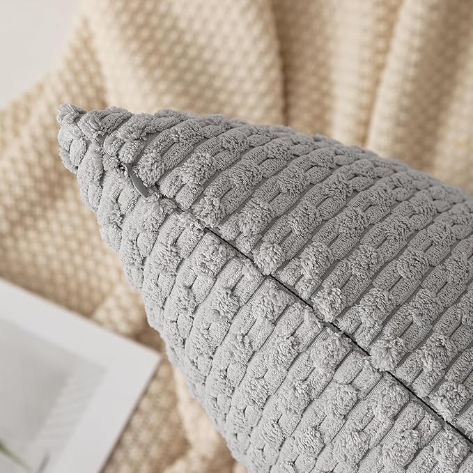 Kevin Textile 14x36 Inch Long Lumbar 1 Pack Boho Decorative Throw Pillow Cover Soft Striped Corduroy Rectangle Cushion Case Farmhouse Solid Color Accent for Living Room Couch Sofa Bed, Light Grey