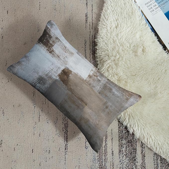 Britimes Throw Pillow Covers Modern Home Art Decor, 12 x 20 Inches Set of 2 Abstract Oil Painting Pillowcases for Bedroom, Living Room, Cushion Couch Sofa, Beige Home Grey Brown