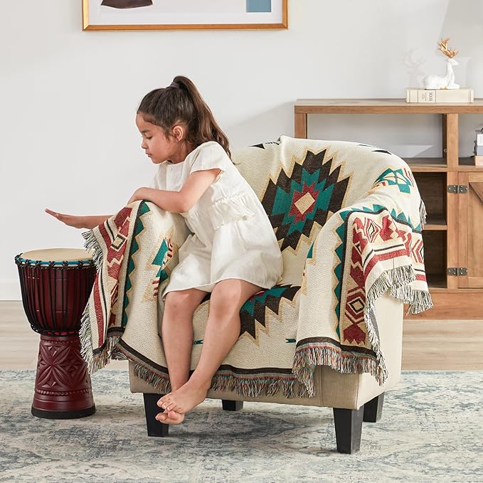 Touchat Native American Blanket Western Decor Boho Throw Blanket for Sofa, Mexican Decorative Farmhouse Blanket, Southwest Decor Woven Blankets, Aztec Throw Blankets with Tassel(Beige,50×60 inch)