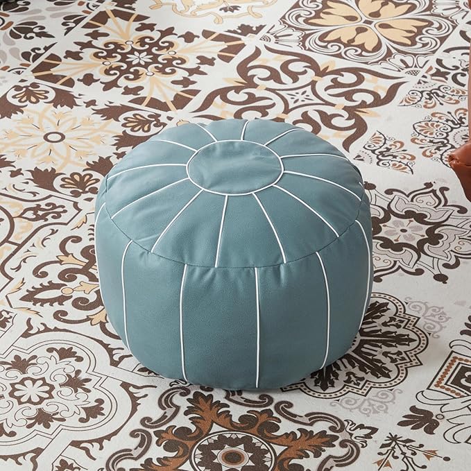 Louis Donné 21 Inch UNSTUFFED Moroccan Pouf Ottoman Cover, Handmade Faux Leather Foot Stool, Round Storage Poof Cover, Exotic Décor for Living Room Bedroom or Wedding Gifts ONLY Cover(Blue)