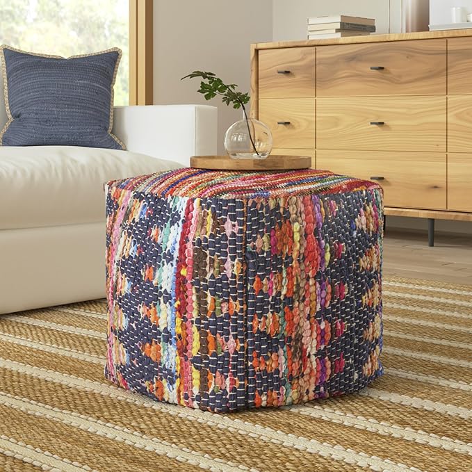 LR Home Denim Bordered Shabby Chic Hand-Loomed Cotton Jute Cube Pouf for Home Decor | Hand-Made Farmhouse Foot Rest for Bedroom & Living Room Decor | 18 x 18 x 18 Stuffed Ottoman for Seating