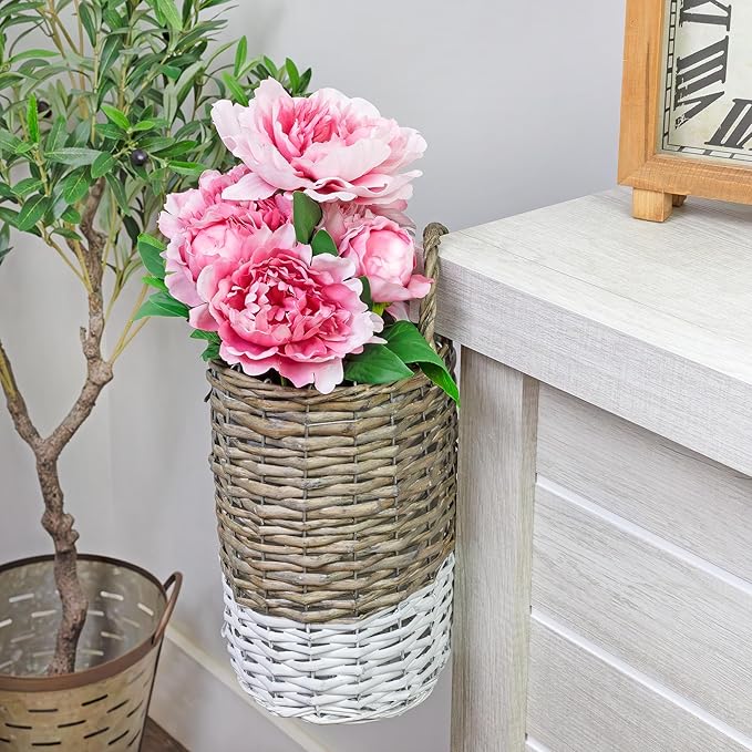 AuldHome Design Wall Hanging Baskets (Set of 2, Gray w/White); Woven WIcker Rustic Farmhouse Two-Tone Door Baskets, Small and Medium Size