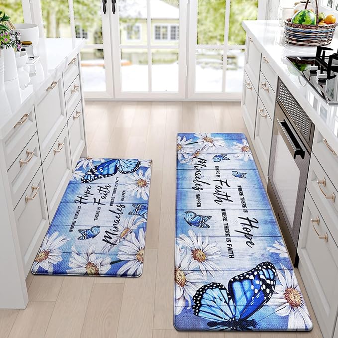 Likiyol Butterfly Kitchen Rugs Set of 2 Kitchen Mats for Floor Farmhouse Anti Fatigue Mats for Kitchen Floor, Daisy Kitchen Rugs Non Slip Washable Standing Floor Mats, 18'' x 30'' + 18'' x 48'', Blue
