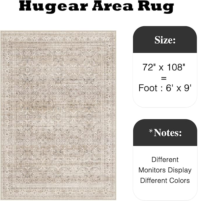 HUGEAR Area Rug 6x9 Vintage Beige Machine Washable Living Room Rugs Distressed Retro Floral Vacuumable Low Pile Carpet Bedroom Office Dining Room Laundry Room Non Slip Soft Lightweight