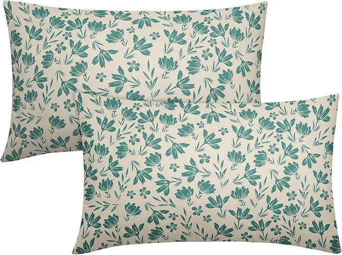 Aqua Floral Pillow Covers 12x20 Set of 2 Vintage Rustic Old Style Cute Small Flower Teal Cream Print Decorative Outdoor Pillowcases Farmhouse Throw Cushion Case Decor for Couch Sofa Bed