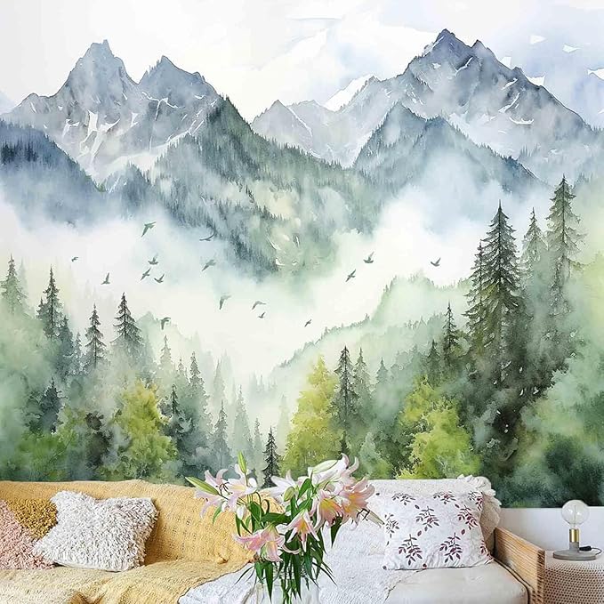 Atrippy Forest Nature Tapestry for Bedroom, Green Misty Foggy Mountain Sage Trees Wall Tapestry, Landscape Aesthetic Room Decor Wall Hanging for Living Room Dorm 51x60 Inches