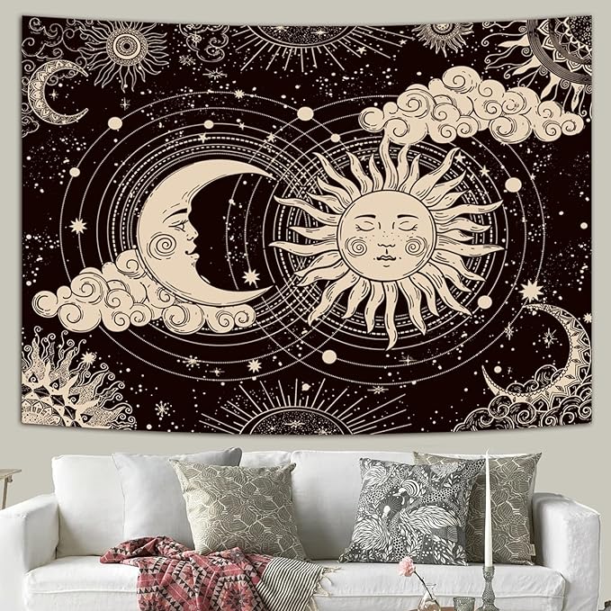 Wonrizon Sun and Moon Tapestry, Aesthetic Black Dark Spiritual Tapestries Mystic Burning Sun with Clouds Star Wall Hanging decor for Bedroom (59.1" x 59.1")