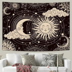 Wonrizon Sun and Moon Tapestry, Aesthetic Black Dark Spiritual Tapestries Mystic Burning Sun with Clouds Star Wall Hanging decor for Bedroom (59.1" x 59.1")