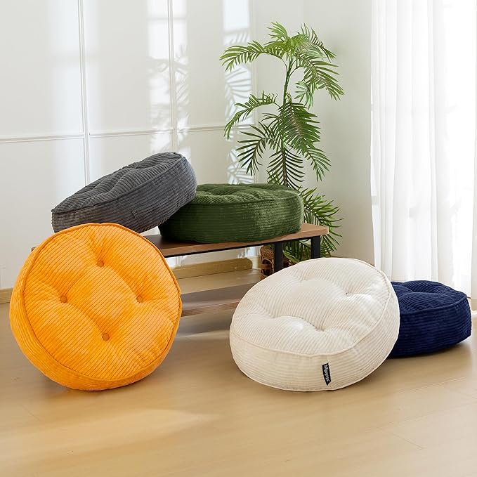 HIGOGOGO 6" Extra Thick Floor Pillow Cushion for Adults, Meditation Cushion Pillow, Large Round Floor Sitting, Tufted Corduroy Cover, for Tatami Living Room or Yoga, 22x22 Inch, Navy