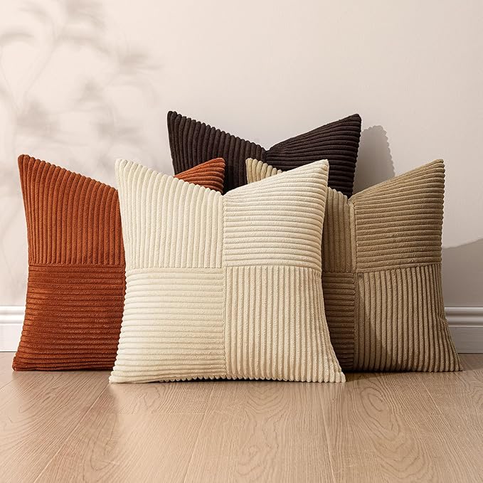 MIULEE Brown Beige Throw Pillow Covers 16x16 Inch Set of 4 Boho Farmhouse Cushion Cases for Livingroom Couch Bed Soft Corduroy Pillow Cases with Invisible Zipper Home Decor