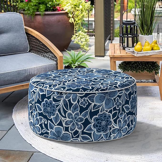 Indoor/Outdoor Inflatable Ottoman, All Weather Ottoman Pouf D31 x H14 inch, Round Foot Rest Ottomans, Portable Footstool for Patio, Garden, Porch, Home,Flower Navy