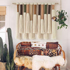 Macrame Wall Hanging Boho Home Decor Handmade Cotton Fiber Art with Neutral Ivory Tassels Modern Bohemian Wall Decor for Living Room Bedroom Apartment 27" W x 22" L