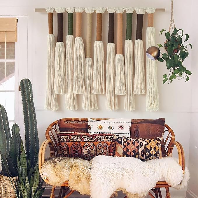 Macrame Wall Hanging Boho Home Decor Handmade Cotton Fiber Art with Neutral Ivory Tassels Modern Bohemian Wall Decor for Living Room Bedroom Apartment 27" W x 22" L