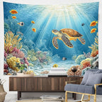 HVEST Blue Ocean Sea Turtle Tapestry Coastal Under the Sea Tropical Fish Coral Wall Tapestry for Bedroom Underwater World Sea Life Tapestries Wall Art Decor for Living Room Dorm, 51L x 59W Inches