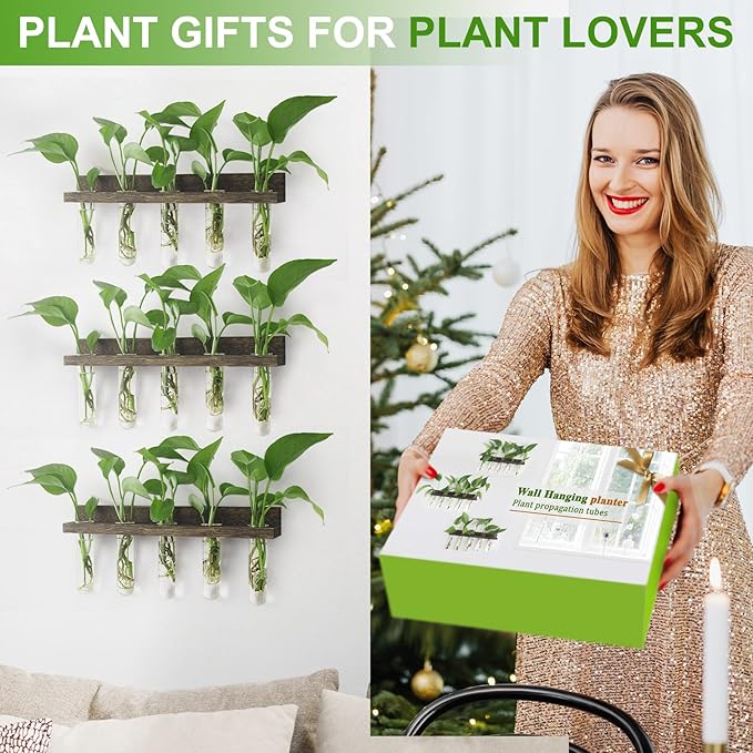 Plant Propagation Station Tubes, 3 Tiered 15 Wall Hanging Glass Test Tubes Vase Planter for Hydroponic Home Garden Office Decor, Gardening Gifts for Women Plant Lover - Brown