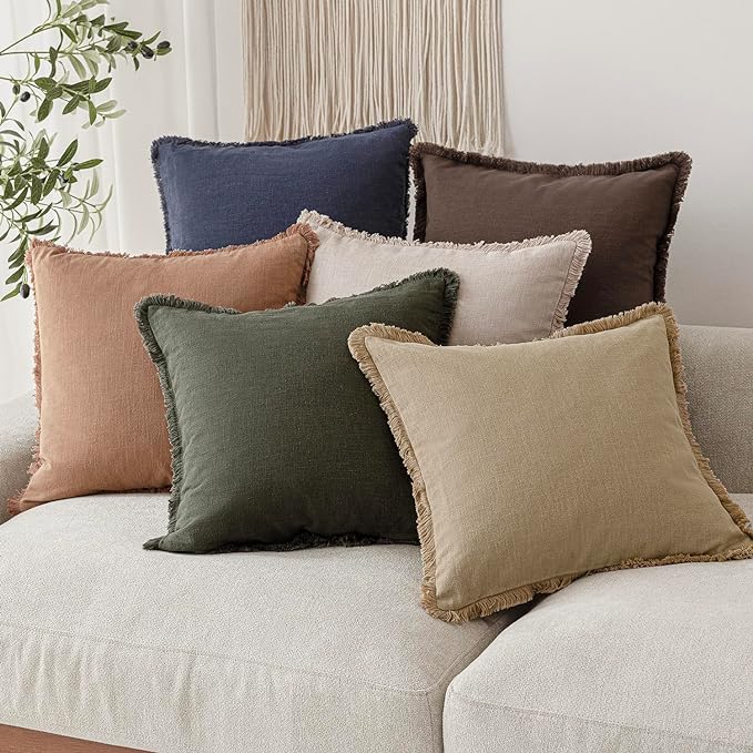 Foindtower Set of 2 Decorative Cozy Farmhouse Cushion Cover Linen Fringe Throw Pillow Covers with Tassels for Couch Sofa Bed Living Room Home Decor,26×26 Inch,Tan Beige