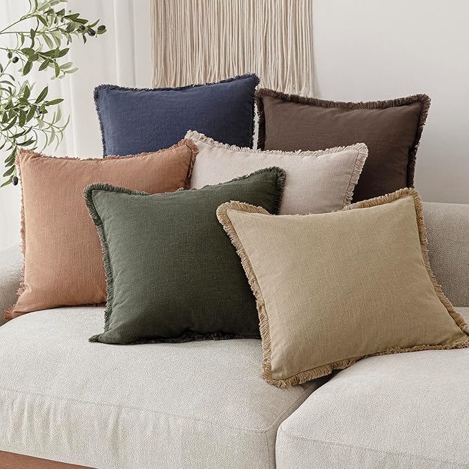 Foindtower Set of 2 Decorative Linen Fringe Lumbar Throw Pillow Covers Boho Farmhouse Cushion Cover with Tassels Soft Accent Pillowcase for Couch Sofa Bed Living Room Home Decor,12×20 Inch,Tan Beige