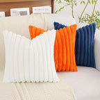 decorUhome Summer Cozy Faux Fur Throw Pillow Covers 24x24 Set of 2 Decorative Soft Plush Striped Modern Farmhouse Boho Couch Euro Sham Pillow Cases with Velvet Back for Sofa Bed Living Room, White
