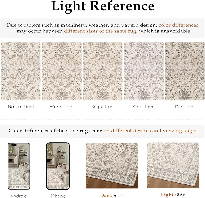 9x12 Area Rug Beige Washable Vintage Carpet Living Room Bedroom Large Non Slip Stain Soft Resistant Low Pile Thin Boho Accent Indoor Throw Rug for Dining Room Office