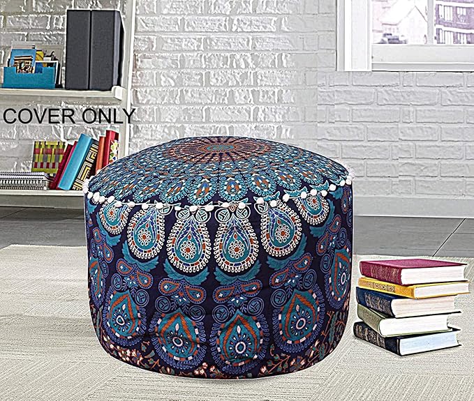 Indian Mandala Round Ottoman Pouf Cover Bohemian Floor Pillow Hippie Cotton Meditation Cushion Cover Seating Throw Decorative Footstool Kids Bean Bag Case