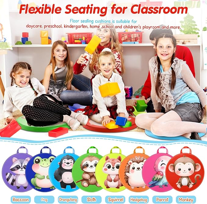 8 Pcs Kids Floor Cushions for Classroom Flexible Round Seating with Handle Soft Waterproof Floor Pillows with Cute Cartoon Animal Pattern for Elementary Daycare Preschool(Woodland Animals)
