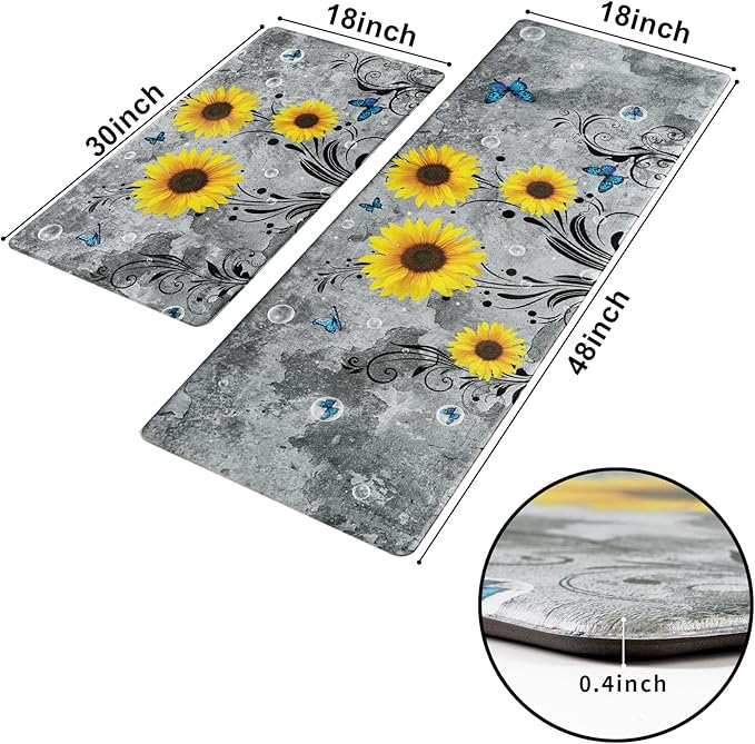 Likiyol Sunflower Kitchen Rugs Sets of 2 Kitchen Mats for Floor Anti Fatigue Mats for Kitchen Floor, Spring Kitchen Rugs Non Slip was Washable, Floral Standing Floor Mats, 18''x30''+18''x48'' (Gray)