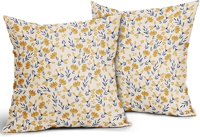 Navy Blue Yellow Floral Pillow Covers 20x20 Set of 2 Vintage Rustic Old Style Cute Small Flower Print Decorative Outdoor Pillowcases Farmhouse Throw Cushion Case Decor for Couch Sofa Bed