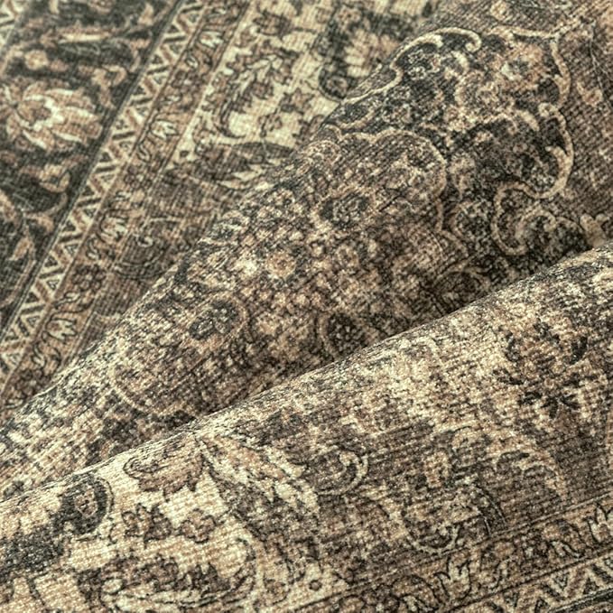 6x6 Washable Brown Round Rug Vintage Living Room Bedroom Circle Rug Non-Slip Soft Low Pile Distressed Indoor Carpet for Kitchen Dining Room Office