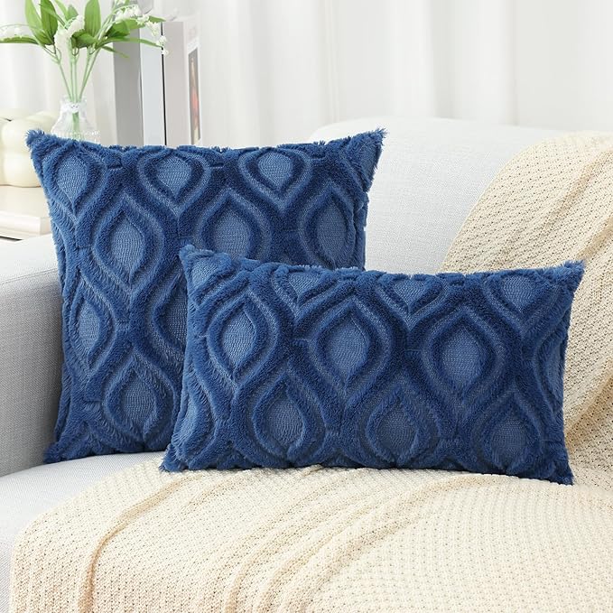 decorUhome Cozy Textured Euro Sham Throw Pillow Covers 22x22 Inch Set of 2, Soft Plush Faux Wool Dark Blue Accent Couch Pillow Covers for Modern Farmhouse Sofa Bed Living Room