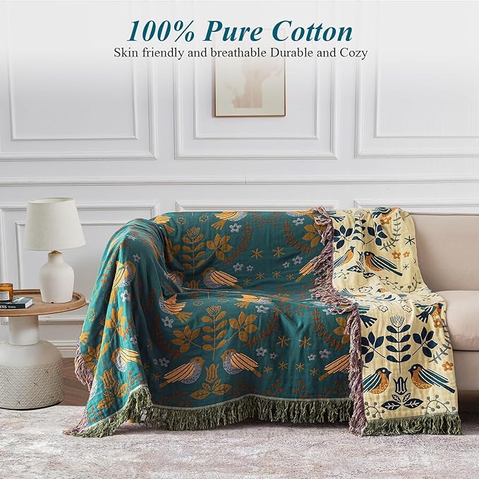Boho Throw Blanket for Bed-100% Cotton Soft Breathable Farmhouse Decor Boho Quilt for Sofa Bed (Green Floral Bird, 90"x98")