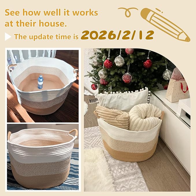 100L Large Cotton Rope Basket, Decorative Woven Blanket Storage for Living Room, Boho Toy Storage & Toy Box for Kids, Versatile Laundry Basket & Nursery Hamper for Blankets(BrownYellow)