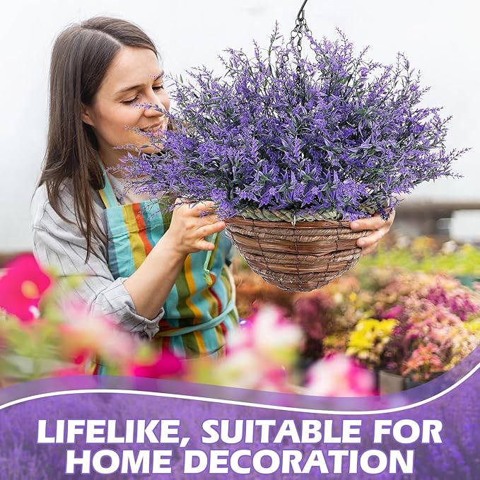2 Sets Artificial Lavender Flowers with Hanging Basket for Outdoor Indoor Artificial Faux Hanging Flowers Plants Rattan Lining for Porch Garden Yard Spring Summer Decor (Purple)
