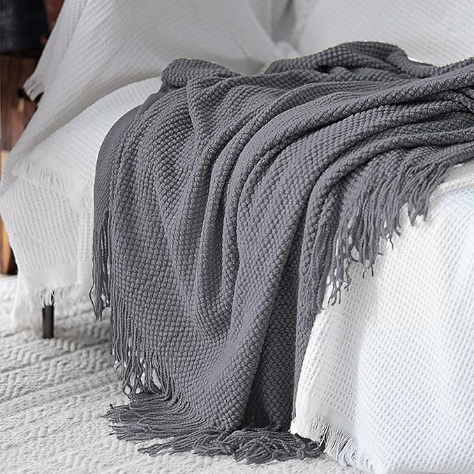 LOMAO Knitted Throw Blanket with Tassels Bubble Textured Soft Lightweight Throws for Couch Cover Home Decor (Dark Grey, 50x60)