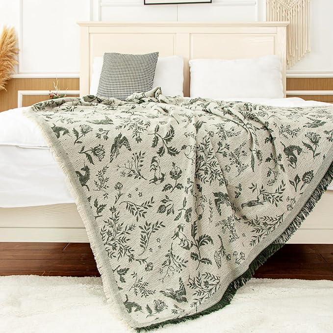 LALIFIT Boho Chic Decorative Throw Blanket Vintage Woodland Floral Bird Design with Tassels Soft Cotton Lightweight & Cozy for Home, Couch, Sofa, Farmhouse 50x60 Inches (Sage Green)