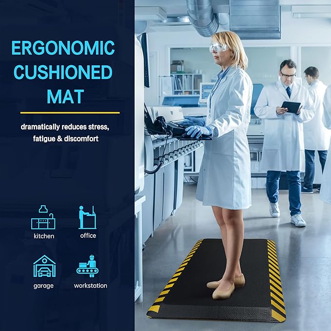 FEATOL Anti Fatigue Mat Industrial, Ergonomic Standing Floor Mat for Work for Stand -Safety Support for Leg & Back Pain(Yellow Border, 24" x 70", 4PC)