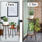 2 Pack Indoor Plant Stand, Mid-Century Wooden Style Plant Holder, Indoor Outdoor Flower Stand,Small Round Table, Two Different Sizes(Black)