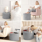 Hansleep Round Pouf Ottoman Foot Rest, 20 x 15 Small Faux Fur Stuffed Pouf for Chair, Foam Filled Foot Stools Ottomans for Living Room, Grey