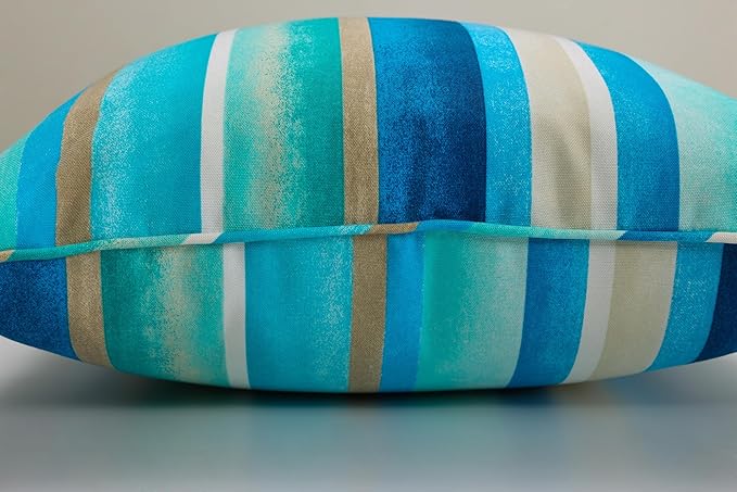 Pillow Perfect Stripe Indoor/Outdoor Accent Throw Pillow, Plush Fill, Weather, and Fade Resistant, Large Throw - 18.5" x 18.5", Blue/Tan Dina, 2 Count