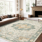 8x10 Area Rugs for Living Room, Vintage Washable Rug with Non-Slip Backing, Stain Resistant Large Area Rug for Dining Room, Soft Rugs for Bedroom (Green/Light Grey, 8'x10')