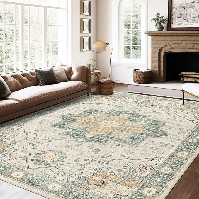 8x10 Area Rugs for Living Room, Vintage Washable Rug with Non-Slip Backing, Stain Resistant Large Area Rug for Dining Room, Soft Rugs for Bedroom (Green/Light Grey, 8'x10')