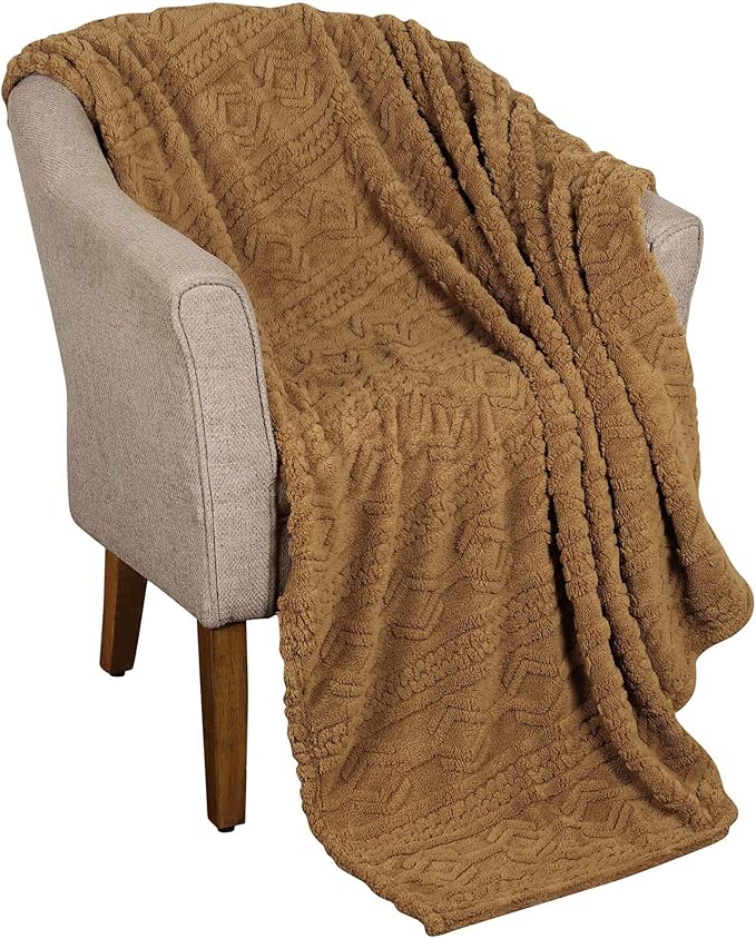 Superior Fleece Boho Jacquard Blanket, Decorative Blankets for Bedroom, Sofa, Fuzzy, Plush, Fluffy, Soft, Cute Room Decor, Beautiful Cover, Comfort Essentials, Arctic Collection, Throw XL, Camel