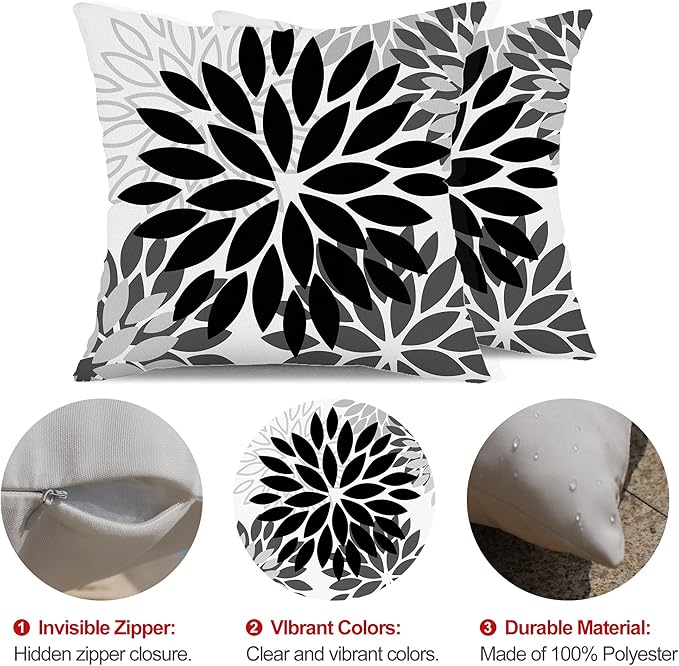 DFXSZ Black Grey Flower Pillow Covers 20x20 Inch Set of 2 White Gray Colored Throw Pillows Outdoor Waterproof Decor for Living Room Sofa Patio Funiture Garden Floral Polyester Pillow Covers 002I20