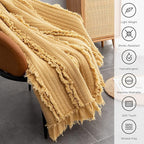 Ultra Soft Quilted Throw Blanket with Ruffle Fringe Pre-Washed, Boho Decor in Stone Washed Yellow, Rustic Chic Blanket for Sofa, Couch, Bed, or Chair,90"x 90"