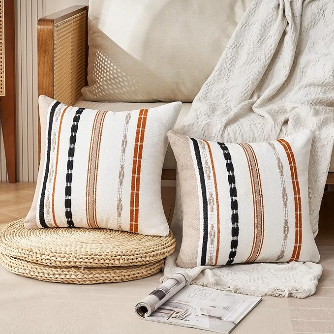 Boho Pillow Covers 18x18 Square Farmhouse Decorative Cushion Case Striped Square Cushion Cover Cozy Soft Neutral Throw Western Pillows Protector Modern Decorative for Couch Sofa Bed, Set of 2