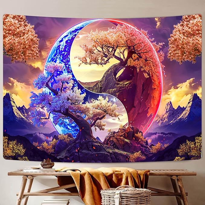 JAWO Tree Life Tapestry Aesthetic, Flowers Sun and Moon Art Tapestry Wall Hanging for Girls Bedroom, Cool Nature Galaxy Yin Yang Anime Tapestries Poster of Dorm Home Decor 90X70 Inches, Brown