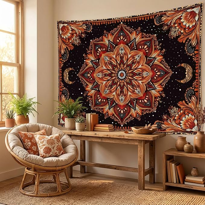 Accnicc Mandala Floral Tapestry Wall Hanging Boho Orange Red Tapestry Aesthetic Hippie Vintage Bohemian Flower Celestial Indian Cute Large Tapestries for Bedroom Living Room Dorm Decor 80 x 60 Inch