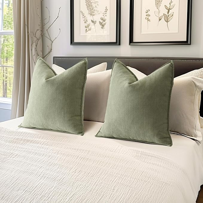 MIULEE Pack of 2 Sage Green Decorative Pillow Covers 20x20 Inch Soft Chenille Luxurious Couch Throw Pillows Farmhouse Cushion Covers with Elegant Design for Sofa Bedroom Living Room Spring Home Decor