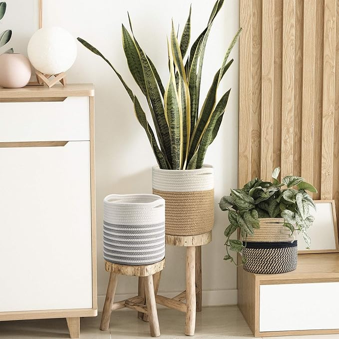 TIMEYARD Jute Rope Plant Basket Small Woven Storage Baskets for Up to 7" Planter, 8" x 8" Decorative Plant Pot Cover Woven Planter Basket Laundry Baskets with Handles Modern Home Décor
